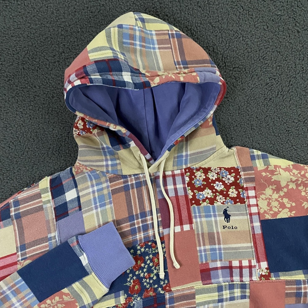 Polo Ralph Lauren Hoodie Womens XS Patchwork Print Crop Madras Plaid Fleece Pony